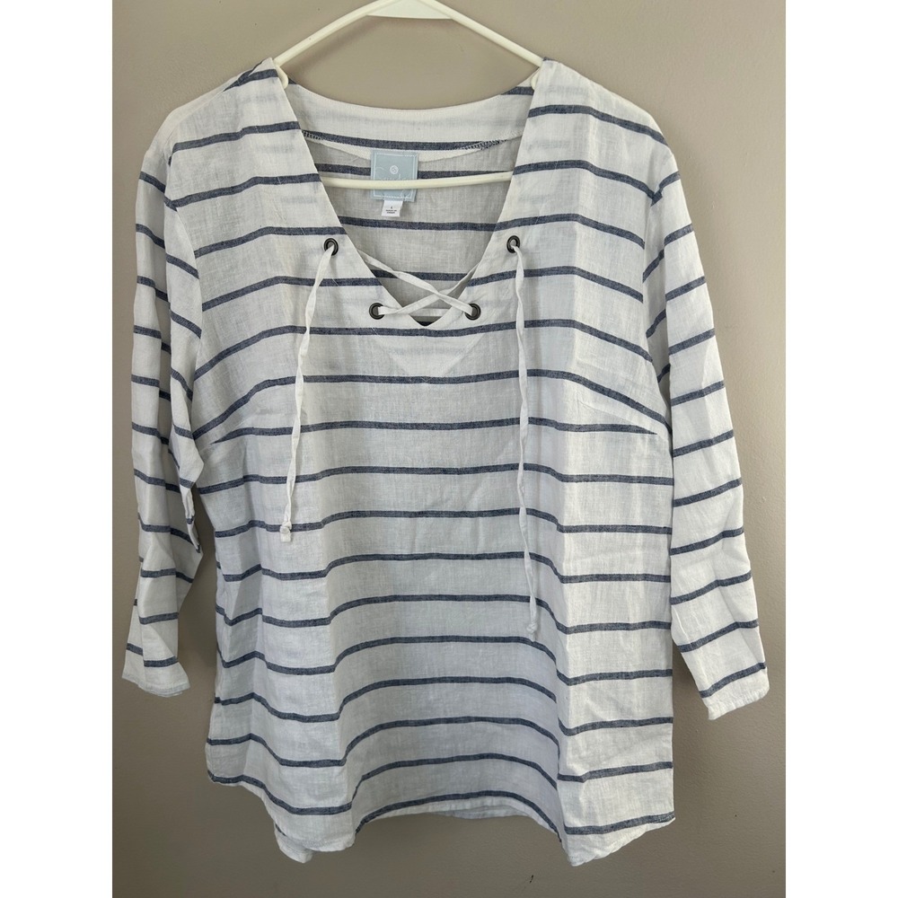 Coastal Sunday Striped Lace Up V Neck Linen Blend Top Nautical Boho Preppy